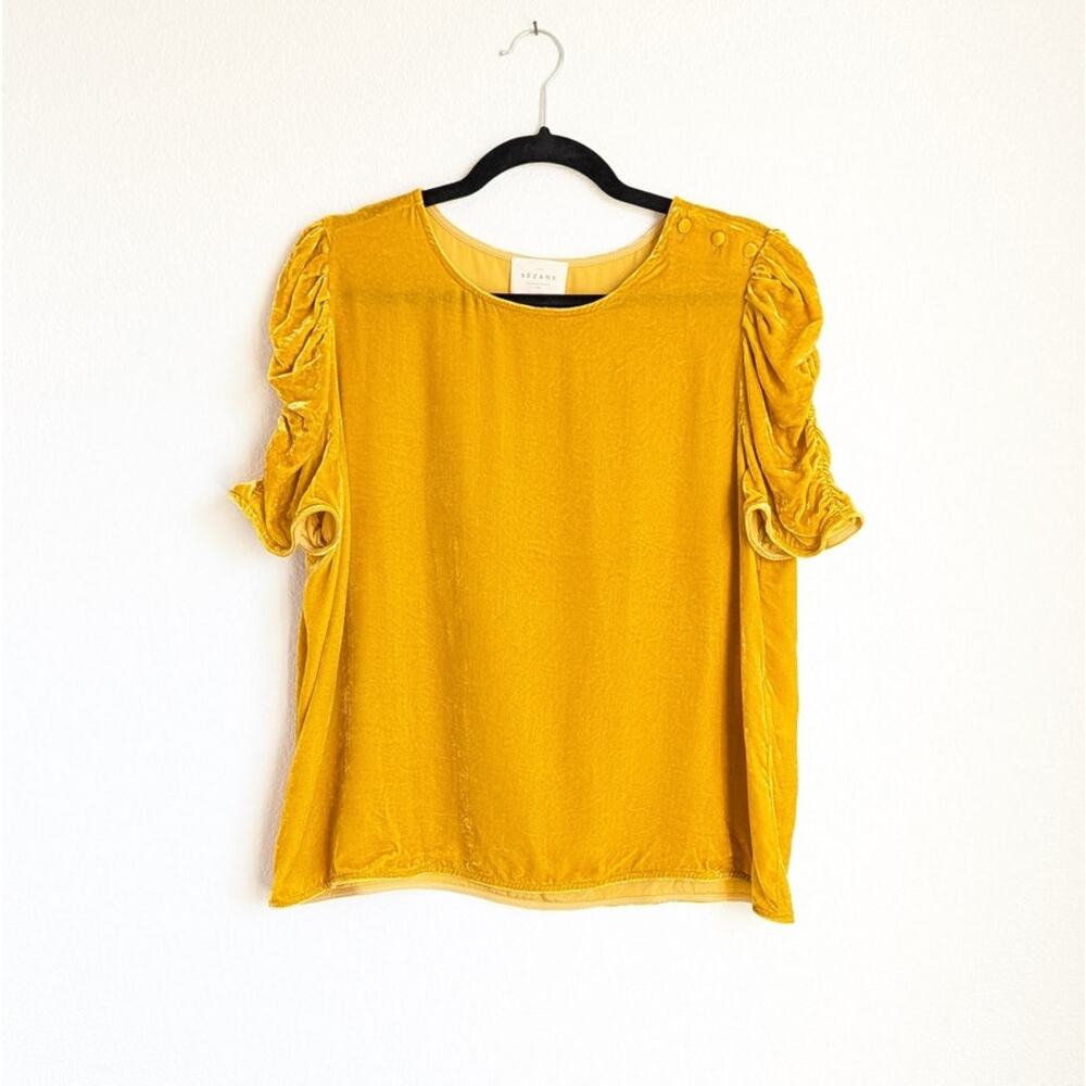 Sezane Mustard Yellow Velvet Puff-Sleeve Blouse